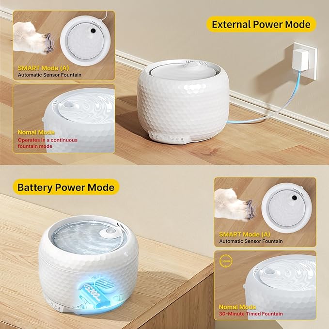 1.8L Wireless Cat Water Fountain with 5200mAh Rechargeable Battery, Ultra Quiet Pump Pet Water Dispenser, 2 Flow Modes Automatic Drinking Fountain for Cats & Small Dogs