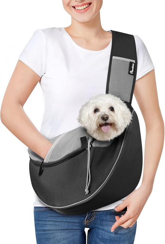 Pawaboo Pet Dog Sling Carrier, Hand Free Breathable Mesh Puppy Carrier, Dog Papoose with Zipper Touch Pocket and Adjustable Strap, Crossbody Satchel Dogs Purse for Outdoor, L, Black