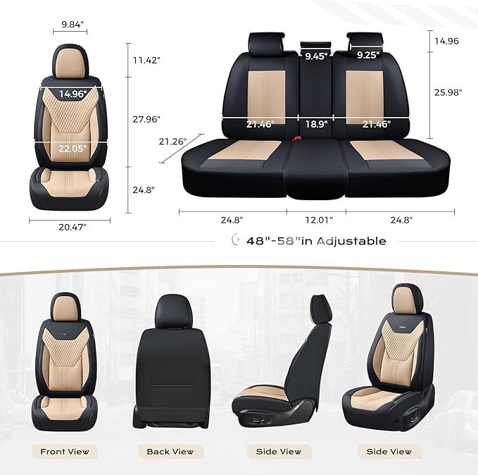 Coverado Car Seat Covers Full Set, Front Seat Covers with Lumbar Support and Back Seat Cover Waterproof Leather Automotive Seat Cover, Universal Car Interior Protectors Cushion for Most Cars
