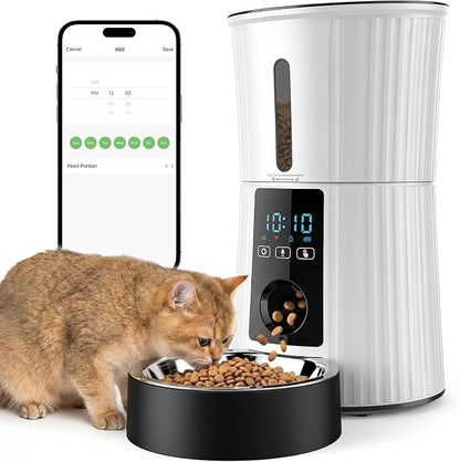NEWBULIG 4L Automatic Cat Feeder with APP, 2.4G WiFi Pet Feeders, White | Applicable for Dry Food, 19.5 Cups, Programmable Schedule, 10 Meals/Day, 50 Portions/Meal, 10s Voice Recorder, Dual Power