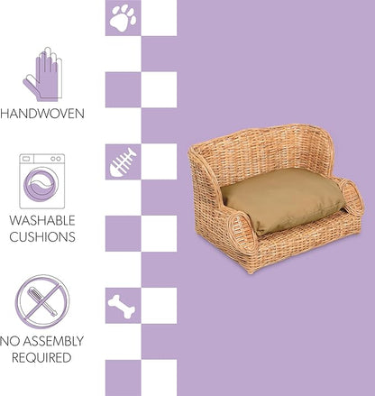 DBD1004B Handwoven Water Hyacinth Pet Daybed with Machine-Washable Cushion, 27.5" x 18" Wicker Sofa for Small to Medium Dogs and Cats, Vintage Style Elevated Pet Bed, Light Brown