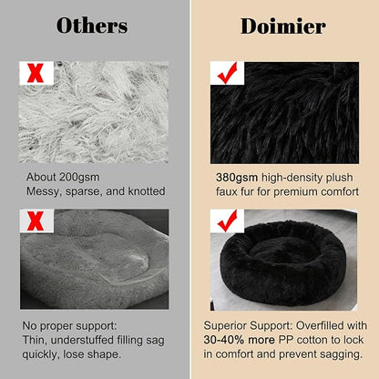 Calming Donut Dog Beds for Small Dogs Cats - Washable Removable Cover Non-Slip Bottom, Round Pet Bed Puppy Bed Warming Fluffy Faux Fur Anti-Anxiety, Fits up to 25 lbs (Black, 23")