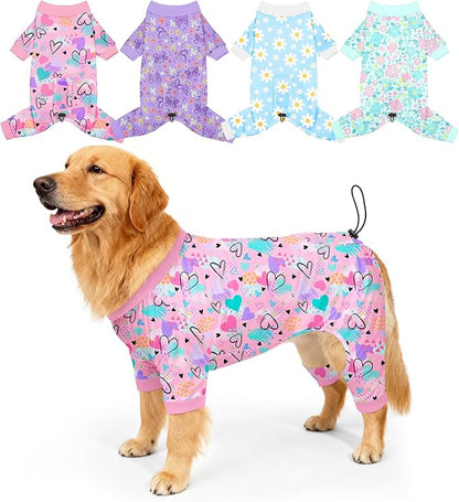 Bienbee Dog Pajamas, 4 Pack Dog Recovery Suit Shedding Suit Cute Soft Puppy Clothes Dogs Pjs Onesies Jammies Adjustable Breathable & Stretchy Clothes for Small Medium Large Dogs Girl Boy Puppy-3XL