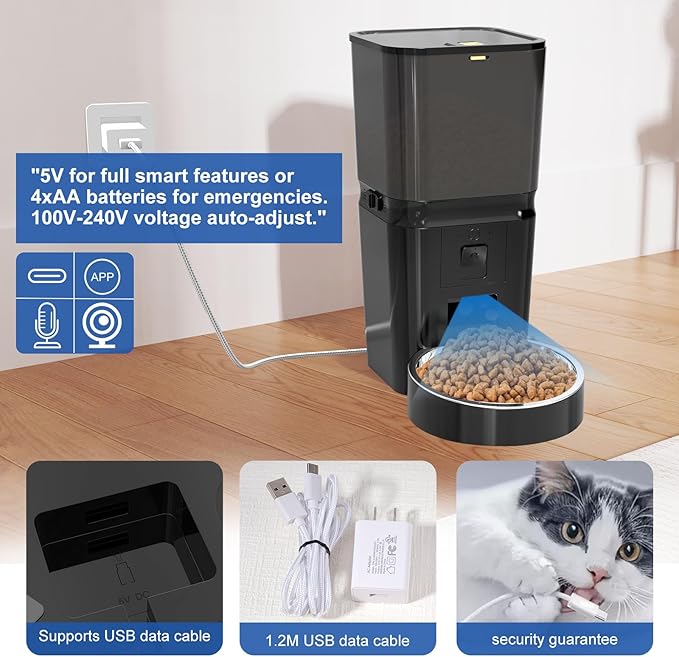 Automatic Cat & Dog Feeder with Camera, 6L WiFi Smart Pet Feeder, Anti-Jam, Dual Power, Remote Video & Two-Way Audio, Timed Feeding App Control for Multi-Cat Homes