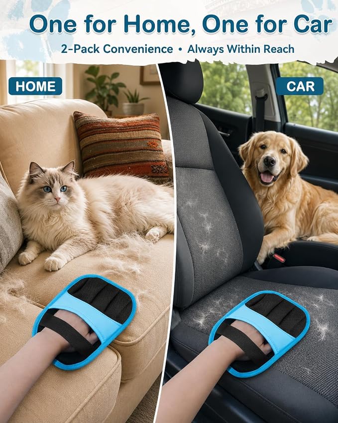 2 Pack Pet Hair Remover Glove for Cats & Dogs, Couch, Carpet, Car Seats | Washable Static 5-finger Mitt, Dog and Cat Hair Remover for Couch, Carpet, Furniture, Car Seats, Rugs and Pet Beds