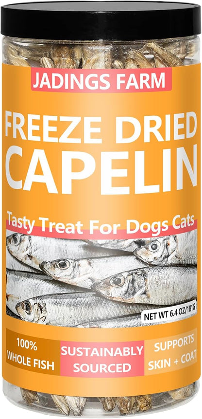 Freeze Dried Capelin with Roe Dogs Treats, Whole Fish for Dog & Cat - Single Ingredient, High Protein, Rich in Omega 3 for Skin & Coat Health, Grain-Free, Wild-Caught (6.4 oz)
