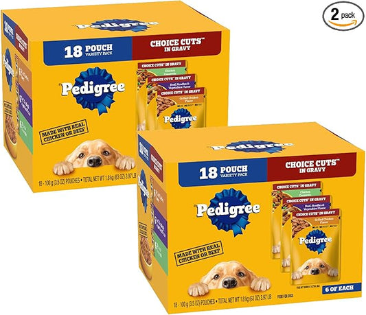 Pedigree Choice Cuts in Gravy Wet Dog Food, Adult Soft Wet Dog Food, Variety Pack, 3.5 oz. Pouches, 18 Count (Pack of 2)