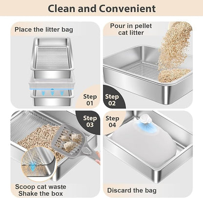 2 Pack Stainless Steel Sifting Litter Box for Pine Pellets,Sifting Cat Litter Box for Wood Pellets,Extra Large Sifter Litter Pan System with Litte Liners and Scoop-20 ''Lx 13.8''W x 6''H