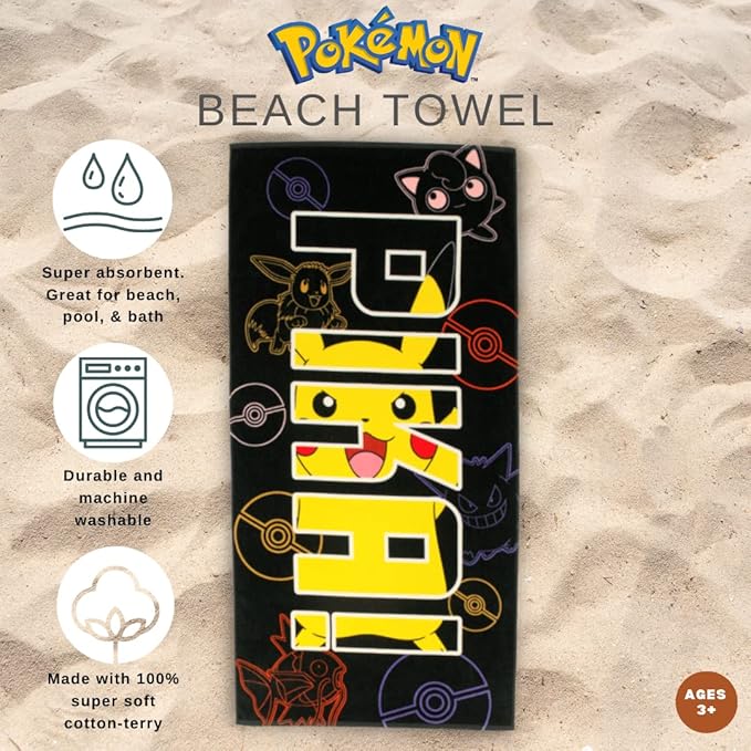 Pokémon Pikachu Anime Super Soft Cotton Bath/Pool/Beach Towel, 60 in x 30 in, (Official Licensed Pokémon Product) by Franco Collectibles