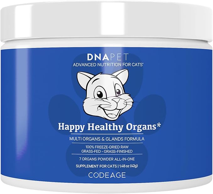 DNA PET Happy Healthy Organs & Glands Supplement For Cats, Freeze-Dried Raw Bovine Liver Grass-Fed Bone Marrow Heart Kidney Pancreas, Bovine Thymus Iron Multi Organ Powder, Joints Cat Vitamins 1.48 oz