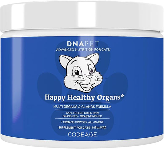 DNA PET Happy Healthy Organs & Glands Supplement For Cats, Freeze-Dried Raw Bovine Liver Grass-Fed Bone Marrow Heart Kidney Pancreas, Bovine Thymus Iron Multi Organ Powder, Joints Cat Vitamins 1.48 oz