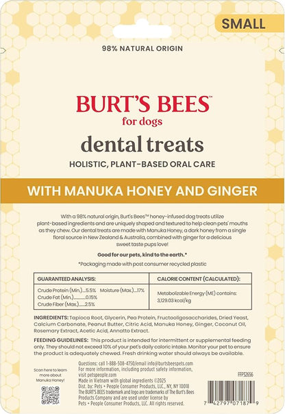 BURT'S BEES FOR PETS Dental Treats for Dogs with Manuka Honey & Ginger, Holistic, Plant-Based Oral Care, 98% Natural Origin Formulas, Peanut Butter Flavor, Dog Treats Small Dogs, Sz Small 10ct, 7 oz