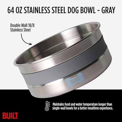 BUILT Dog Bowl - 64 Oz Stainless Steel Pet Bowl with Soft Grip & Non-Slip Base - Double Wall 18/8 Steel Food & Water Dish for Dogs & Cats, Durable, Easy to Clean & Ideal for Daily Feeding