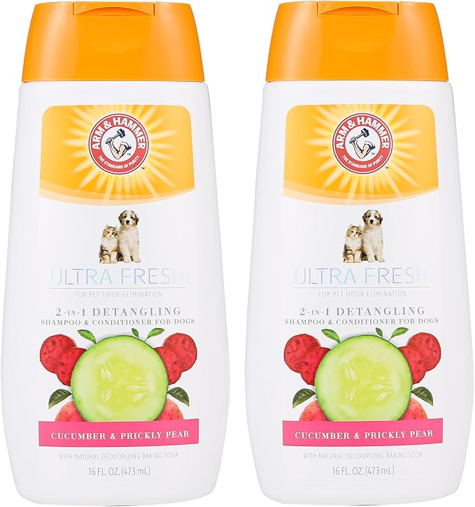 Arm & Hammer Ultra Fresh 2 in 1 Detangling Dog Shampoo and Conditioner with Baking Soda Deodorizer, Moisturizing Pet Wash for Tangles and Odor Control, Cucumber Prickly Pear Scent, 16 Fl Oz - 2 Pack