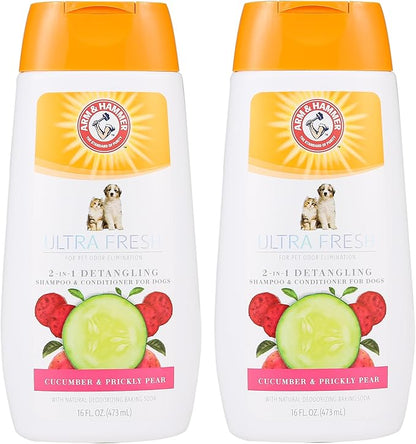 Arm & Hammer Ultra Fresh 2 in 1 Detangling Dog Shampoo and Conditioner with Baking Soda Deodorizer, Moisturizing Pet Wash for Tangles and Odor Control, Cucumber Prickly Pear Scent, 16 Fl Oz - 2 Pack