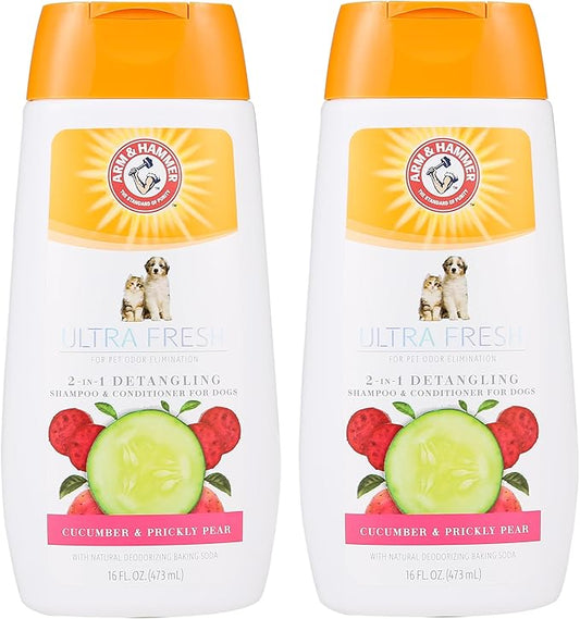 Arm & Hammer Ultra Fresh 2 in 1 Detangling Dog Shampoo and Conditioner with Baking Soda Deodorizer, Moisturizing Pet Wash for Tangles and Odor Control, Cucumber Prickly Pear Scent, 16 Fl Oz - 2 Pack