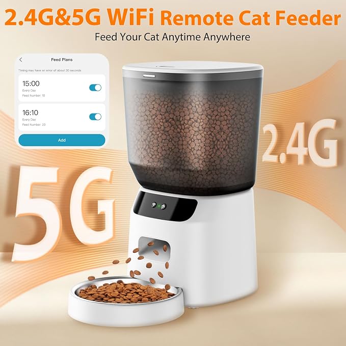 Automatic Cat Feeder WiFi, 5L Pet Feeder with App Control, 10 Meals Daily, 20 Portion Sizes, Timed Automatic Cat Food Dispenser, Stainless Steel Bowl, Dual Power Supply, Dry Food Feeder for Cats