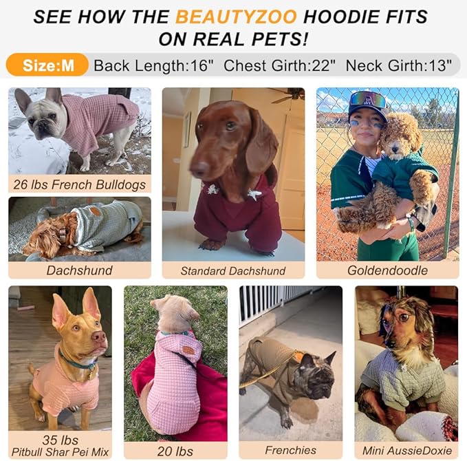 BEAUTYZOO Small Dog Hoodie Sweater with Pockets, Dog Clothes for Small Medium Dogs Boy Girl, Waffle-Like Laminated Cotton Pet Coats with Hat and Leash Hole, Khaki M