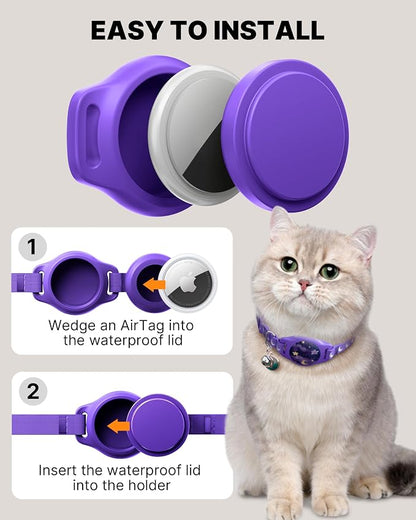 typecase Reflective Breakaway Cat Collar with AirTag Holder, Purple & White | Purple Reflective Breakaway Cat Collar With Bell And Silicone AirTag Holder; Adjustable 8-12 In; AirTag Not Included