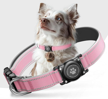 AirTag Dog Collar, IP68 Waterproof Air Tag Dog Collar Holder, Reflective, Ultra-Durable, Comfortable Padded, Heavy Duty Dog Collars for Small Medium Large Dogs (Light Pink, L)