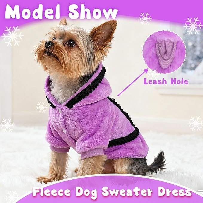 Winter Dog Dress for Small Dogs Girl Puppy Sweater Dog Sweaters Fleece Warm Puppy Dresses with Leash Hole Cute Pink Clothes Bowtie Chihuahua Sweaters Pet Doggie Oufit (Purple, Medium)