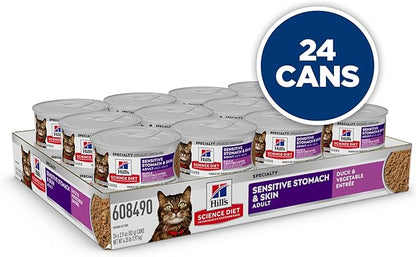 Hill's Science Diet Adult Sensitive Stomach & Skin Wet Cat Food, Duck & Vegetable, 2.9 oz. Cans, 24-Pack