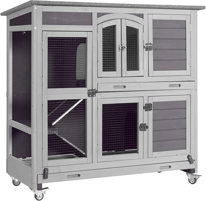Aivituvin Two Story Rabbit Hutch Bunny Cage with Wheels, Indoor Outdoor Guinea Pig Cage with 2 Deep No Leak Tray