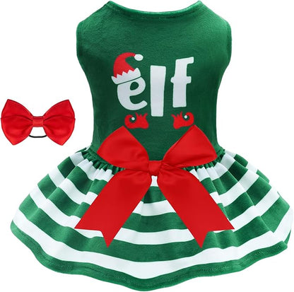 CuteBone Elf Dog Dresses Velvet Holiday Small Dogs Clothes Onesie Pet Apparel Girl Puppy Skirt with Bow Hair Rope CVA55M-D