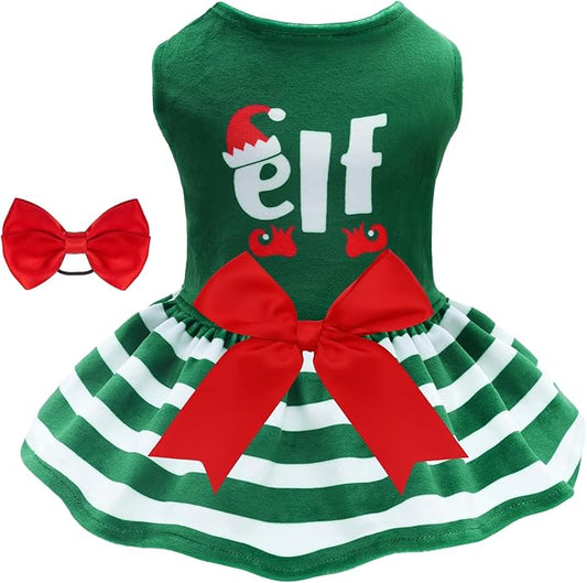 CuteBone Elf Dog Dresses Velvet Holiday Small Dogs Clothes Onesie Pet Apparel Girl Puppy Skirt with Bow Hair Rope CVA55M-D