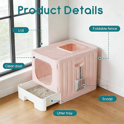 Cat Litter Box with Scoop, Large Foldable Litter Box with Lid & Drawer Tray, Top Entry Cat Litter Box, Odor Control, Easy to Clean for Small to Medium Cats (Pink, 19" L x 15.3" W x 15" H)