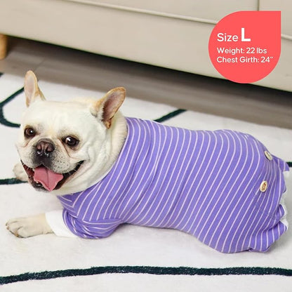KYEESE Dog Pajamas Soft Striped Pet Jumpsuit Lightweight Doggie Jammies 4 Legs Dog Clothes Stretchable Pajamas Breathable Cozy Outfit Comfortable Onesie Sleepwear for Small Dogs,Purple Striped, Large