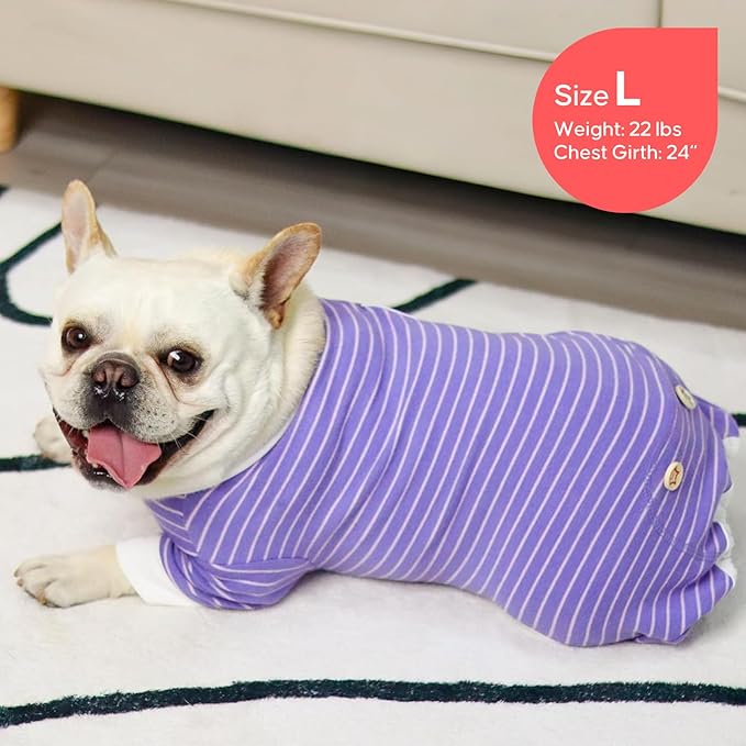 KYEESE Dog Pajamas Stretchable 4 Legs Doggie Jammies Striped Jumpsuit Lightweight Onesie Puppy Pajamas Cozy Outfit Comfortable Dog Clothes Hair Shedding Cover Pet Sleepwear,Purple Striped, Medium