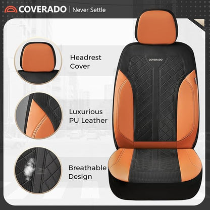 Coverado Seat Covers Full Set, Brown Car Seat Covers, PU Leather & Breathable Mesh Seat Protectors, 5-Piece Automotive Seat Covers, Universal Fit for SUVs, Trucks, Sedans