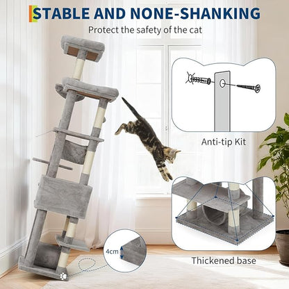 74" Tall Cat Tree,Large Cat Tree for Big Cats,Cat Tower with Scratching Posts, Condo, Perches, Hammock, Tunnel & Feeding Station,Deep Gray