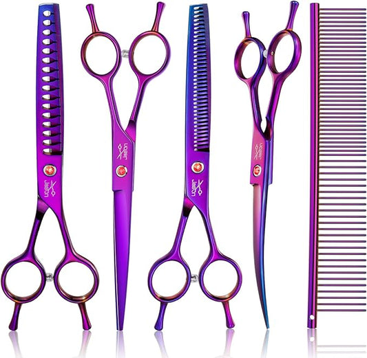JASON Dog Grooming Scissors Kit, Professional 6 in 1 Dog Scissors Sharp Shears Set - Straight, Thinning, Chunker, Curved Shears and Comb for Long Short Hair for Dog Cat Pet Christmas Gift