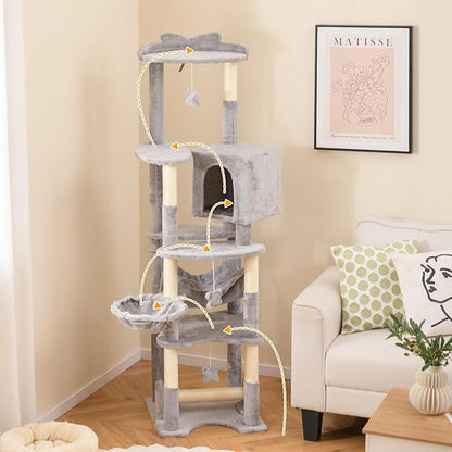 PETSITE 69 Inch Tall Cat Tree, Multi-Level Grey Cat Tower with Sisal Scratching Posts, Cat Condo, Basket Bed, Hammock, Basket Bed, and Hanging Toys, Modern Cat Tree Tower for Indoor Cats