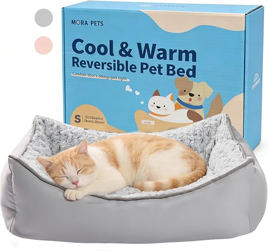 Mora Pets Reversible Cat Bed for Indoor Cats and Small Dogs Washable - Cool & Warm 2-in-1 Anti Anxiety Calming Pet Bed for Summer, Rectangle Puppy Bed with Fluffy Grey Rose (20″x19″x6″)
