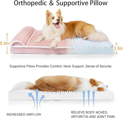 Orthopedic Dog Bed Large Sized Dog with Pillow 36''X24'', Waterproof Soft Comfortable Egg Crate Foam Pet Crate Beds Mat with Removable Washable Cover and Non-Slip Bottom, Pink