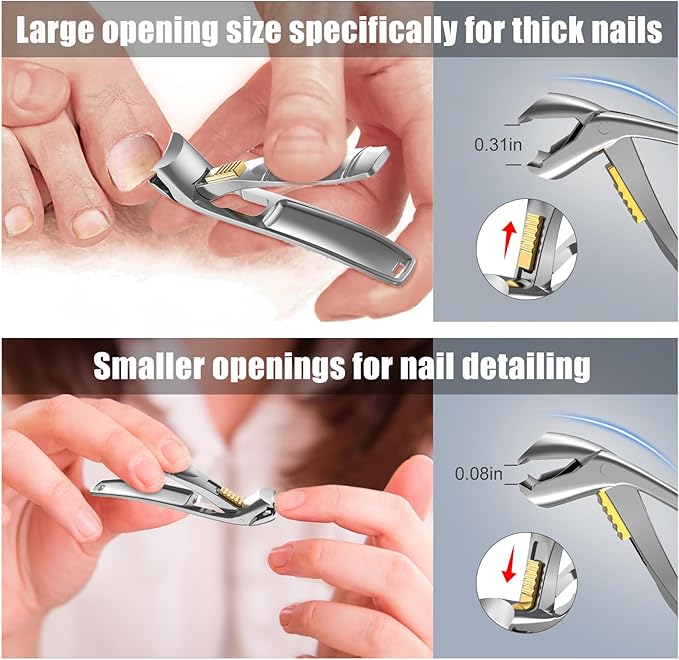 SHINLEA Nail Clippers for Seniors Thick Toenails, Professional Fingernail Toenail Clippers with Catcher, Sharp Wide Opening and Long Handle Nail Cutter Set for Men Women, Silver