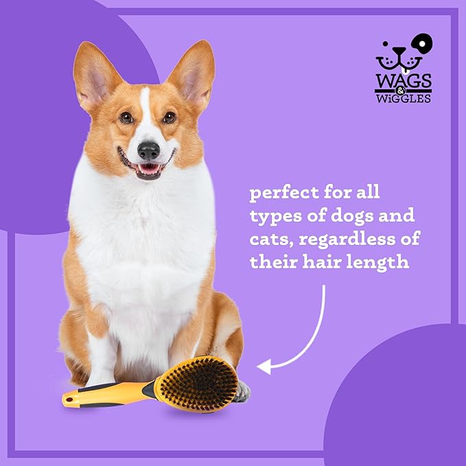 Wags & Wiggles Double Sided Dog Brush - Efficient Pet Grooming for Long or Short Haired Dogs & Cats, Shedding Brush, Detangling Pin & Bristle Dog Hair Remover