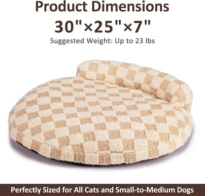 Orthopedic Dog Bed for Medium Small Dogs and Cats Calming Pillow Pet Couch Sofa Puppy Bed with Removable Washable Cover Oval 3D Checkered Plush Pet Furniture 30x25x7 Indoor Beige
