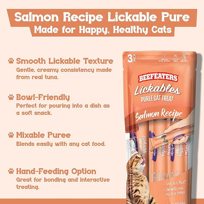 Beefeaters Salmon Pure Cat Treats 1.59oz (12 Pack) | Lickable Squeeze Tube Treats, Grain-Free, No Added Sugar, Real Salmon, Taurine-Enriched, Ideal for Bonding, Seniors, Toppers & Everyday Treating