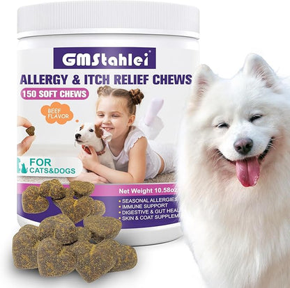 Dog Allergy Relief Chews,150 PCS Itchy Skin Relief Immune Treats with Omega 3 Fish Oil,Turmeric Probiotics for Dogs Itching,Skin and Coat Health for Dogs Itching, Licking & Separation