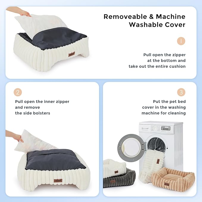 ZOMISIA Large Cat Beds - Orthopedic Dog Bed for Medium Dogs, Rectangle Pet Bed with Fluffy Removable Washable Cover, 25x21x9inches, Cream