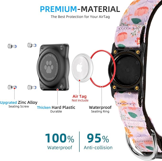 Upgrade Dog Collar with AirTag Holder, IP68 Waterproof, Lavender Garden, L | Built-in Water Resistant AirTag holder, 1000D Nylon, Reflective Stitching for Night Visibility, Soft padding for Comfort