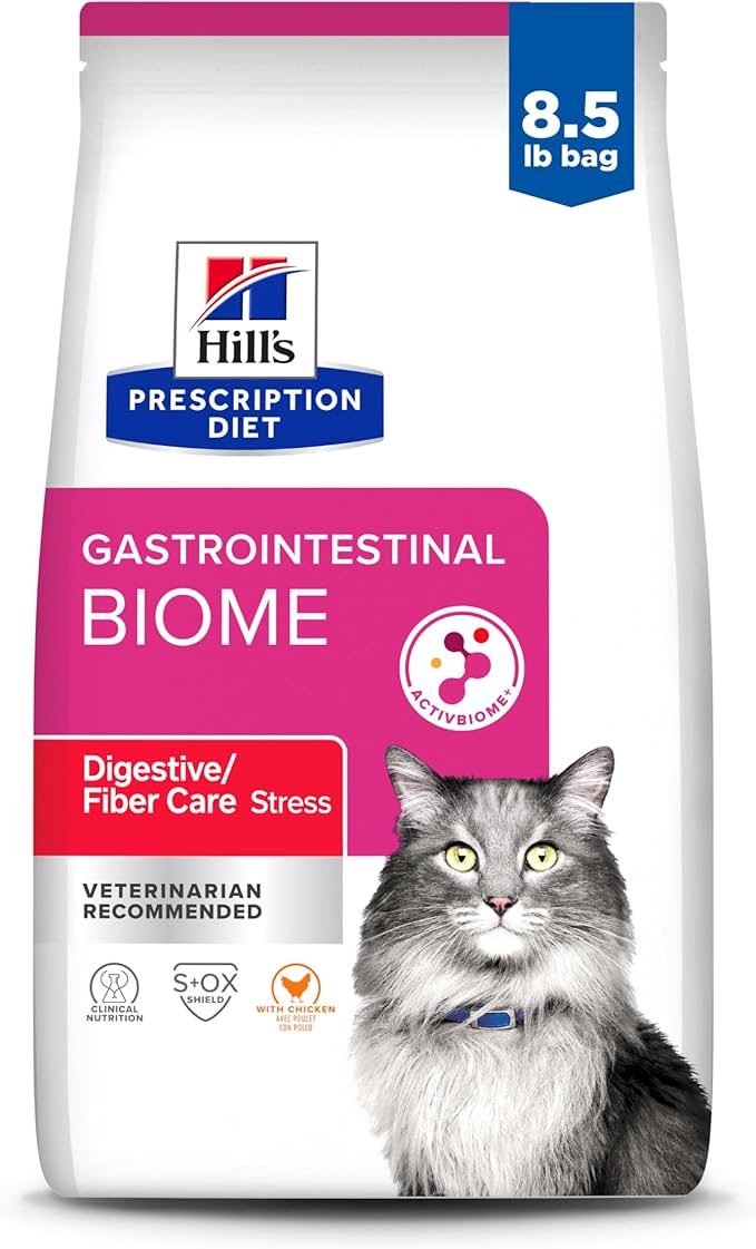 Hill's Prescription Diet Gastrointestinal Biome Stress Digestive/Fiber Care Dry Cat Food, Chicken, 8.5 lb. Bag