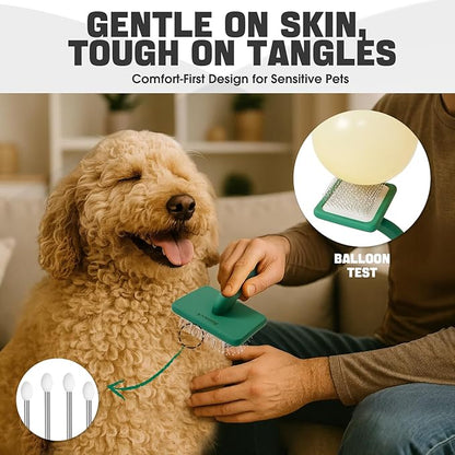 Bonteck Dog Slicker Brush for Dogs Grooming Kit 4PCS | Large Dog Brush for Goldendoodles Poodles Doodles | Long Pin Haired Brush | Poodle Brushes and Comb (Green)