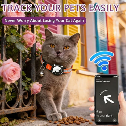 Airtag Cat Collar, Reflective Cat Collar with Apple Air Tag Holder, Breakaway GPS Tracker Pet Collar with Bell for Cat Kitten, Airtag Not Included, Orange, S(9-11 Inch)