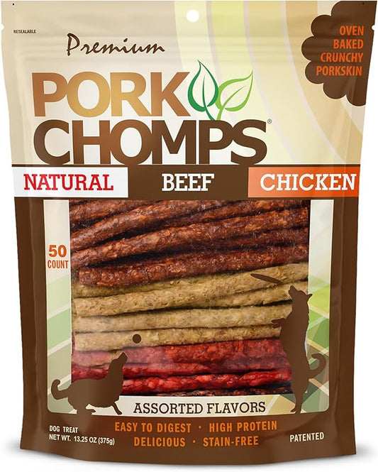 Pork Chomps Dog Chews, 5 Inch Munchy Sticks, 50 Count - Assorted Flavors: Roasted Pork, Chicken, & Bacon - Long-Lasting Treats for Dogs - High Protein, Low Fat, Healthy & Delicious Chews (1 Pack)