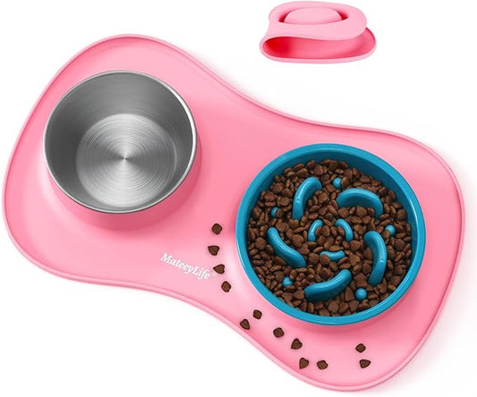 MateeyLife Dog Food and Water Bowl Set 3 in 1, Slow Feeder Dog Bowls & Stainless Steel Water Bowl with Non-Spill Silicone Mat, Cat and Puppy Bowls Pet Dishes for Small Medium Large Breed Anti-Choking